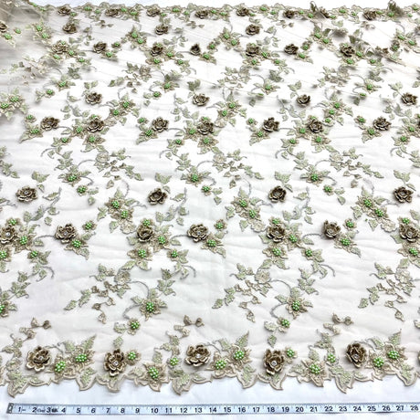 Beaded 3D Floral Lace Polyester Fabric - Embroidered Net Mesh, 54" Width (1 Yard)