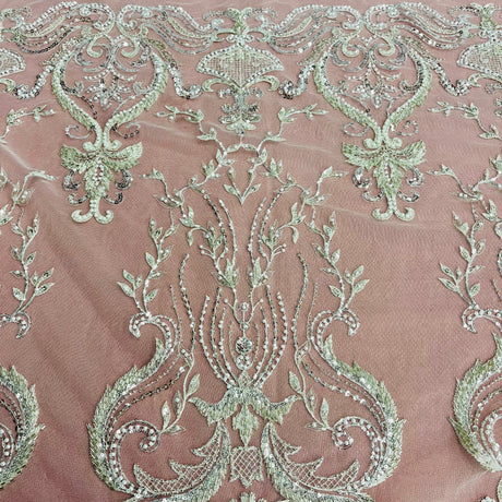 Beaded Lace Fabric - Embroidered Polyester Net Mesh, White, Ivory, Antique Silver, 51" Width (1 Yard)