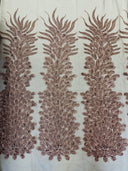 New Vegas Heavy Beaded Feather Design Embroidery Mesh Fabric - Beaded Feather Design, 11" Width, 50" Length (1 Panel)