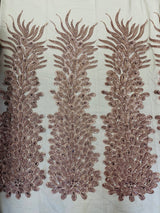 New Vegas Heavy Beaded Feather Design Embroidery Mesh Fabric - Beaded Feather Design, 11" Width, 50" Length (1 Panel)