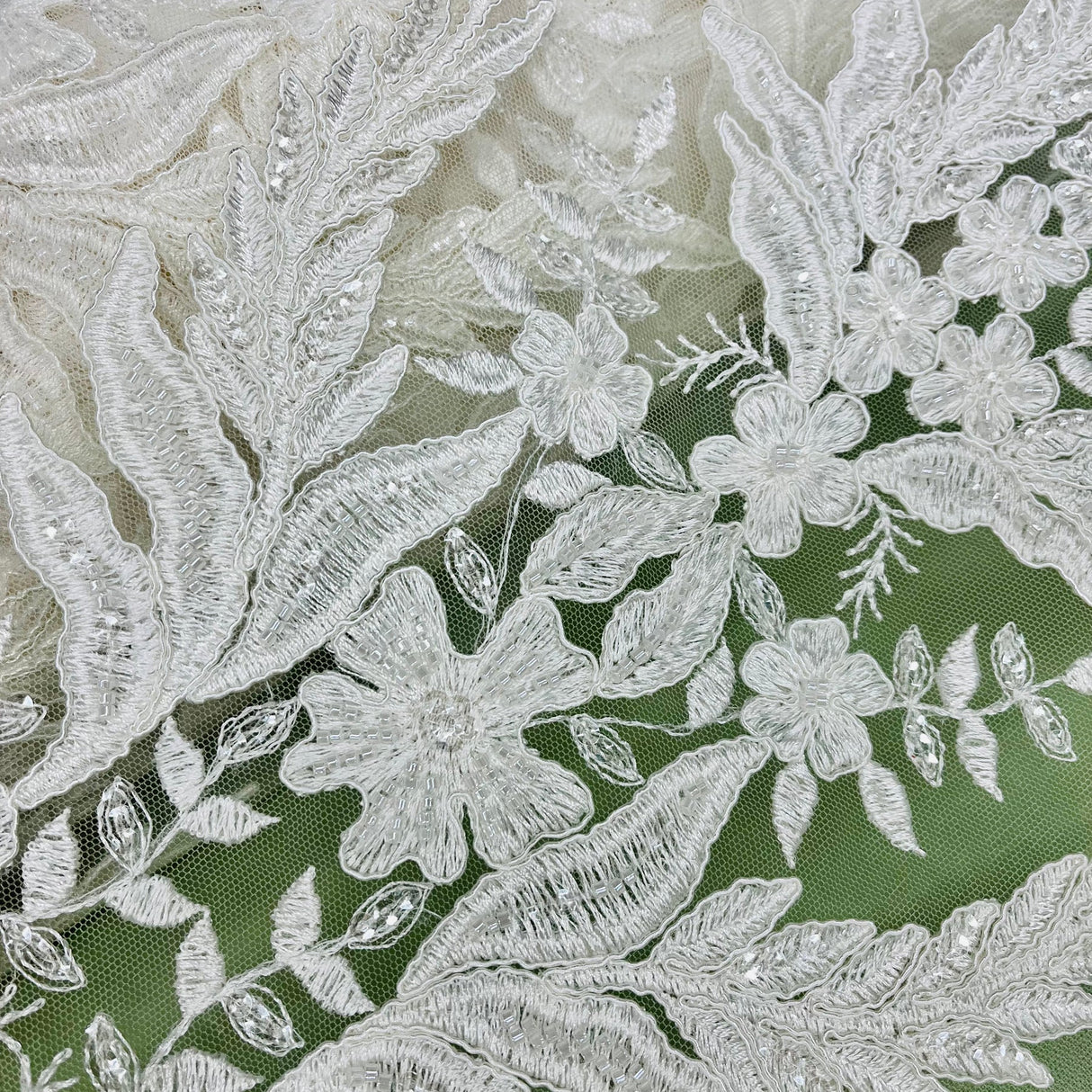 1 Yard Beaded and Corded Bridal Fabric Lace Embroidered on Polyester Net Mesh 51 inch Width