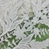 1 Yard Beaded and Corded Bridal Fabric Lace Embroidered on Polyester Net Mesh 51 inch Width