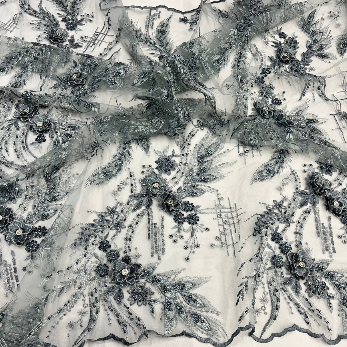 3D Floral Lace Fabric Beaded Rhinestone Embroidered