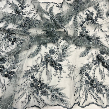 3D Floral Lace Fabric Beaded Rhinestone Embroidered