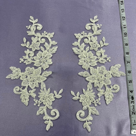 1 Pair Beaded & Corded Floral Lace Applique 100% Polyester Net Mesh 12.5" x 5"