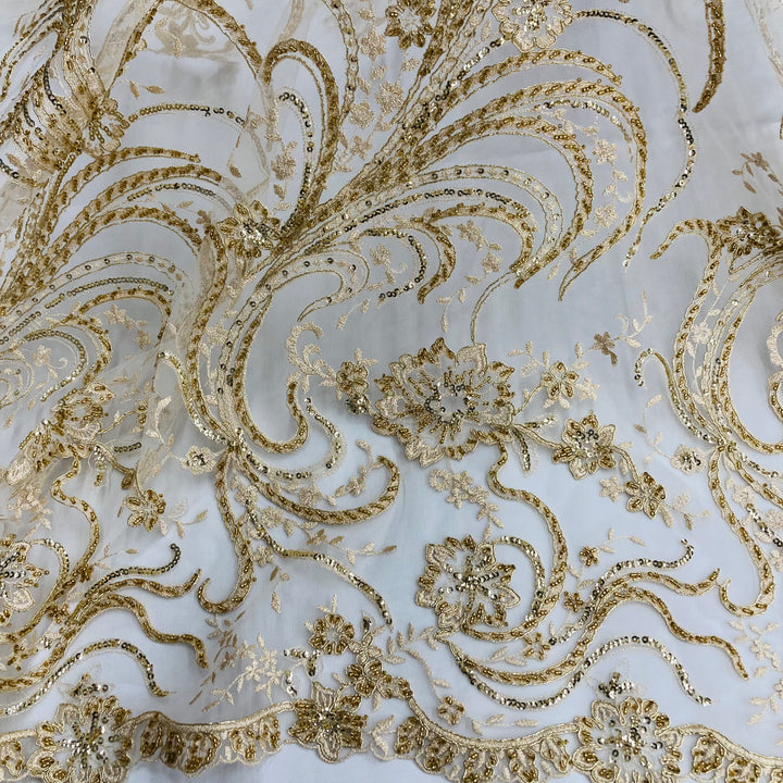 1 Yard Luxurious Beaded and Corded Bridal Lace Fabric Embroidered on 100% Polyester Net Mesh White