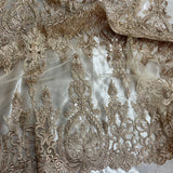 1 Yard Corded Bridal Lace Fabric Embroidered on 100 Percent Polyester Net Mesh Gold