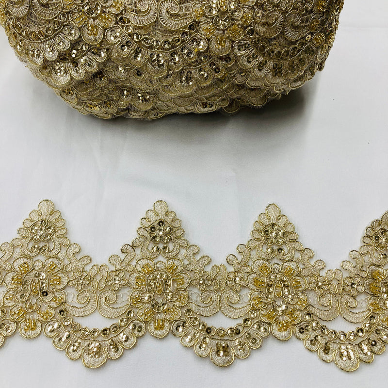 Beaded & Corded Lace Trimming 100 Percent Polyester Fabric - Embroidered Net Mesh, 4.5" Width (1 Yard)