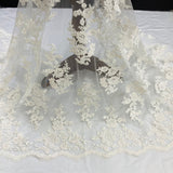 1 Yard Exquisite Beaded and Corded Bridal Lace Fabric Embroidered on 100% Polyester Net Mesh White
