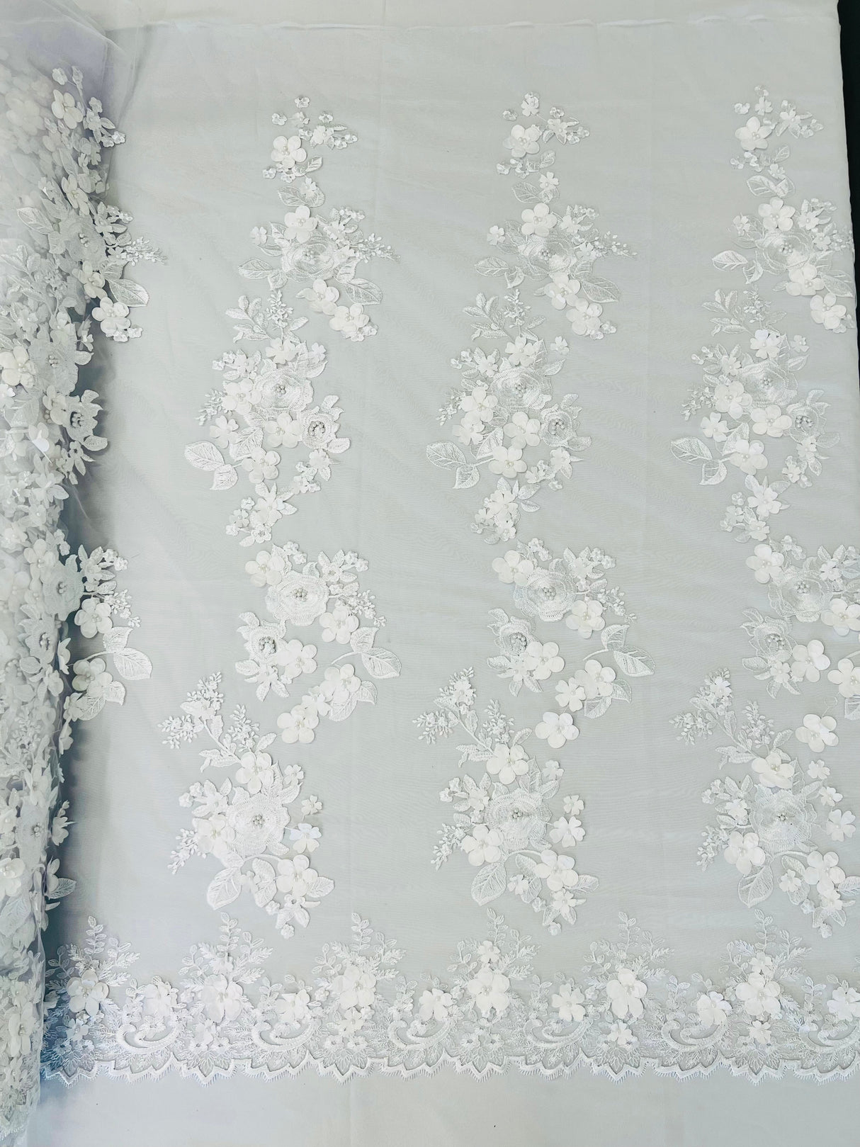 Scarlet 3D Floral Design Lace Fabric - Embroidered Beaded Mesh Lace, Double Scallop, 54" Width (1 Yard)