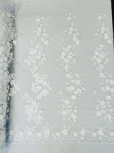 Scarlet 3D Floral Design Lace Fabric - Embroidered Beaded Mesh Lace, Double Scallop, 54" Width (1 Yard)