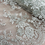 1 Yard Silver Corded Bridal Lace Fabric Embroidered on Polyester Net Mesh Floral Design 54 Inch Width