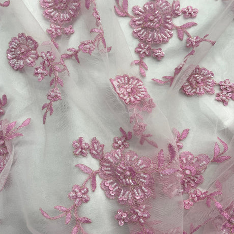 Beaded Lace Fabric Pink Mesh