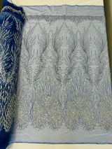 Wing Feather Damask Beaded Lace Fabric - Feather Damask, Beaded Mesh Lace, 50-54" Width (1 Yard)