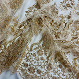 1 Yard Luxurious Beaded and Corded Bridal Lace Fabric Embroidered on Polyester Net Mesh