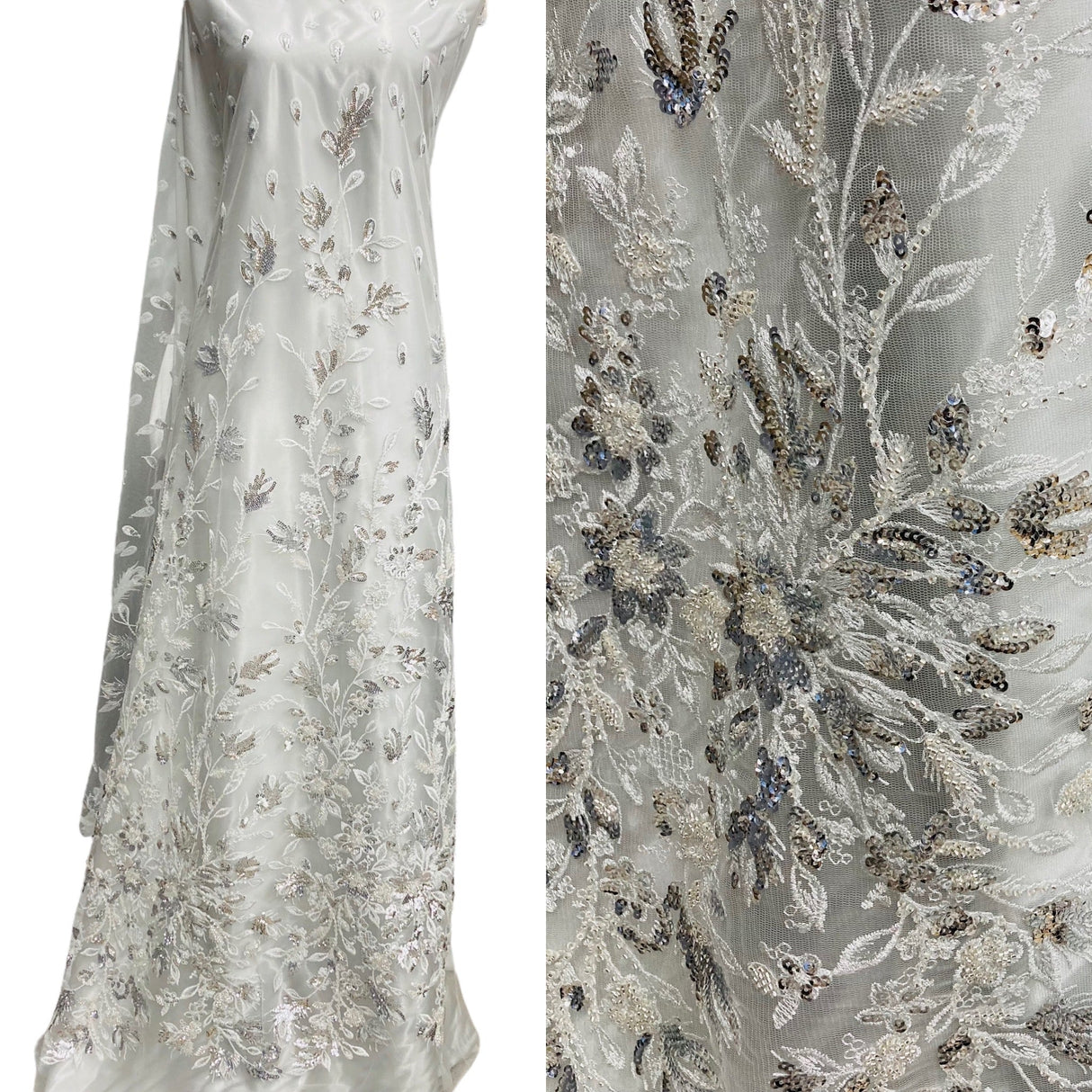 Beaded Sequined Lace Fabric - Embroidered Net Mesh, White, Ivory, Gold Metallic, Silver Metallic, 54" Width (1 Yard)