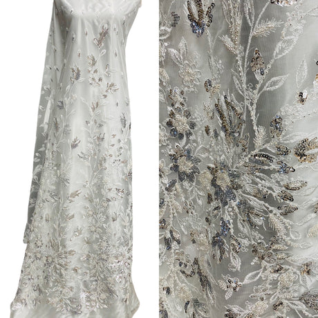 Beaded Sequined Lace Fabric - Embroidered Net Mesh, White, Ivory, Gold Metallic, Silver Metallic, 54" Width (1 Yard)