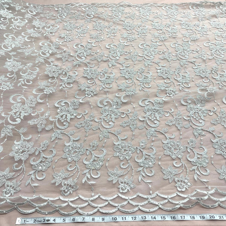 1 Yard Silver Beaded and Corded Bridal Fabric Lace Embroidered on Polyester Net Mesh for Wedding and Evening Gowns – 54"