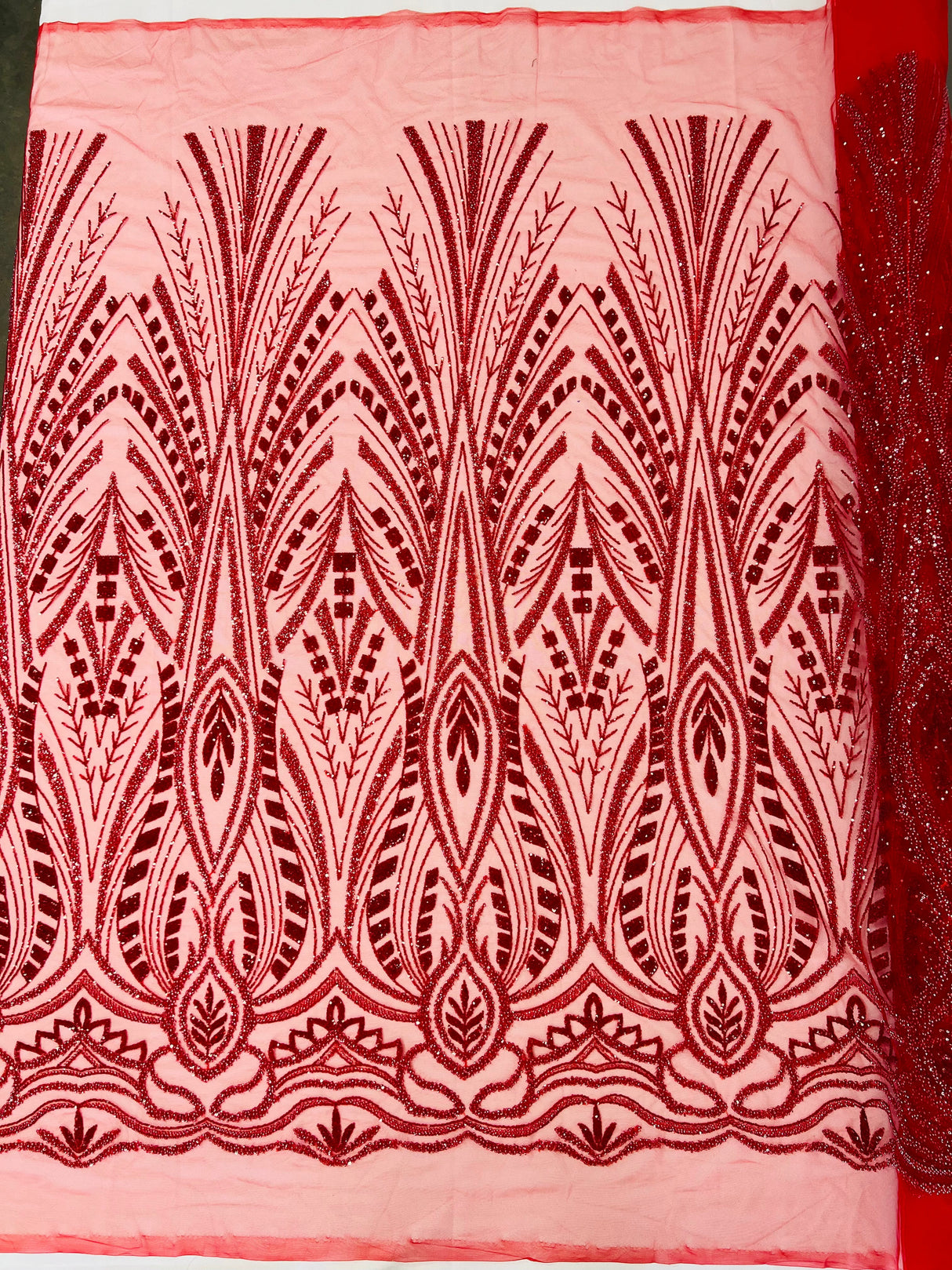 Heavy Beaded Damask Lace Polyester Fabric - Embroidered Beaded Mesh Lace, Double Scallop, 54" Width (1 Yard)