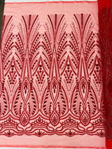 Heavy Beaded Damask Lace Polyester Fabric - Embroidered Beaded Mesh Lace, Double Scallop, 54" Width (1 Yard)