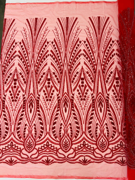 Heavy Beaded Damask Lace Polyester Fabric - Embroidered Beaded Mesh Lace, Double Scallop, 54" Width (1 Yard)