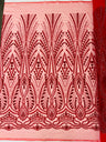 Heavy Beaded Damask Lace Polyester Fabric - Embroidered Beaded Mesh Lace, Double Scallop, 54" Width (1 Yard)