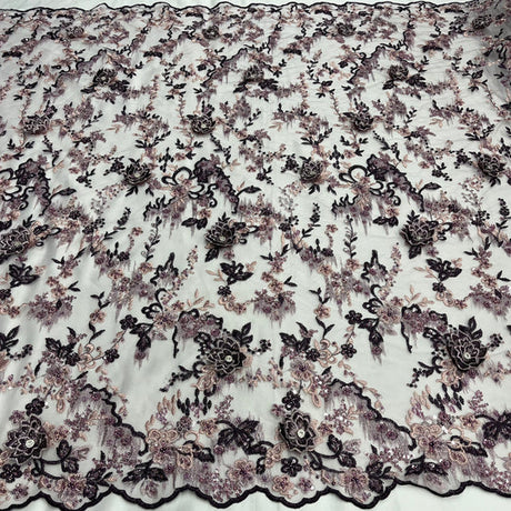 1 Yard Beaded Rhinestone 3D Floral Lace Fabric Embroidered 100 Percent Polyester Net Mesh 50 inch Width