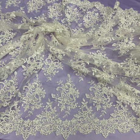 1 Yard Beaded and Corded Bridal Lace Fabric Embroidered on Polyester Net Mesh