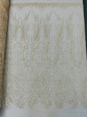 Wing Feather Damask Beaded Lace Fabric - Feather Damask, Beaded Mesh Lace, 50-54" Width (1 Yard)