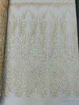 Wing Feather Damask Beaded Lace Fabric - Feather Damask, Beaded Mesh Lace, 50-54" Width (1 Yard)
