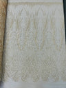 Wing Feather Damask Beaded Lace Fabric - Feather Damask, Beaded Mesh Lace, 50-54" Width (1 Yard)