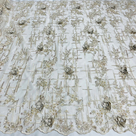 1 Yard Beaded Rhinestone 3D Floral Lace Fabric Embroidered 100 Percent Polyester Net Mesh 50 inch Width