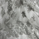 1 Yard Silver Beaded 3D Floral Lace Fabric Embroidered on Polyester Net Mesh Couture 52 Inch Width