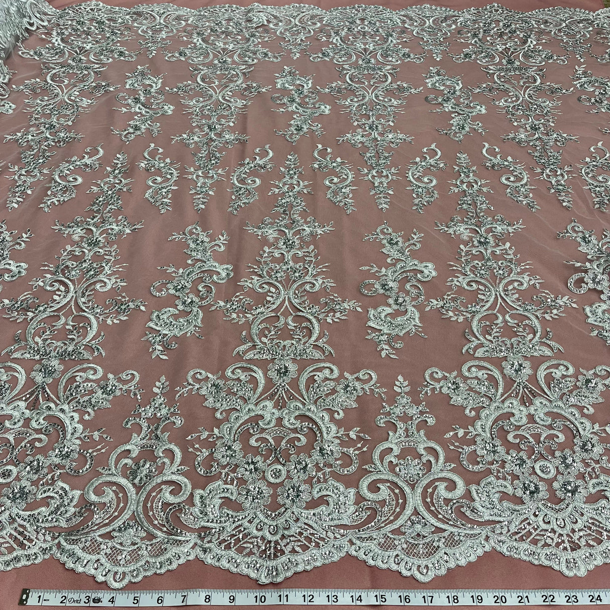 Ethereal Elegance Beaded Corded Bridal Embroidered Lace Polyester Fabric - White, Gold, Ivory, Silver, Rose Gold, 54" Width (1 Yard)