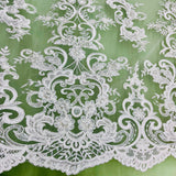 Beaded Corded Bridal Lace Fabric on Polyester Net Mesh