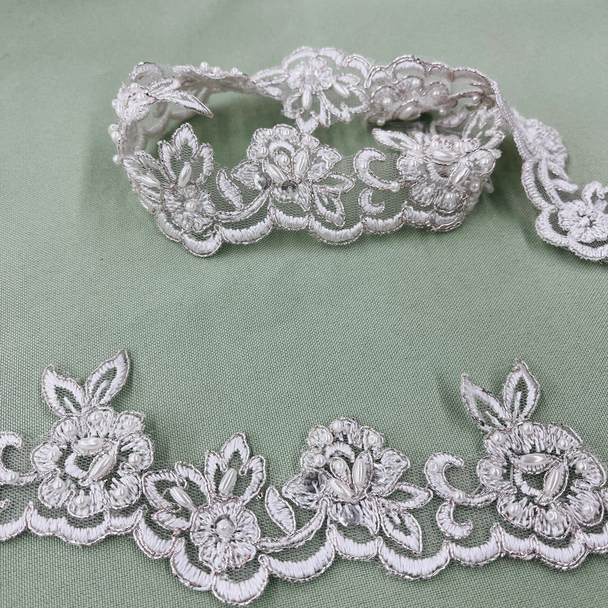 Beaded Corded Lace Trim on Polyester Net Mesh