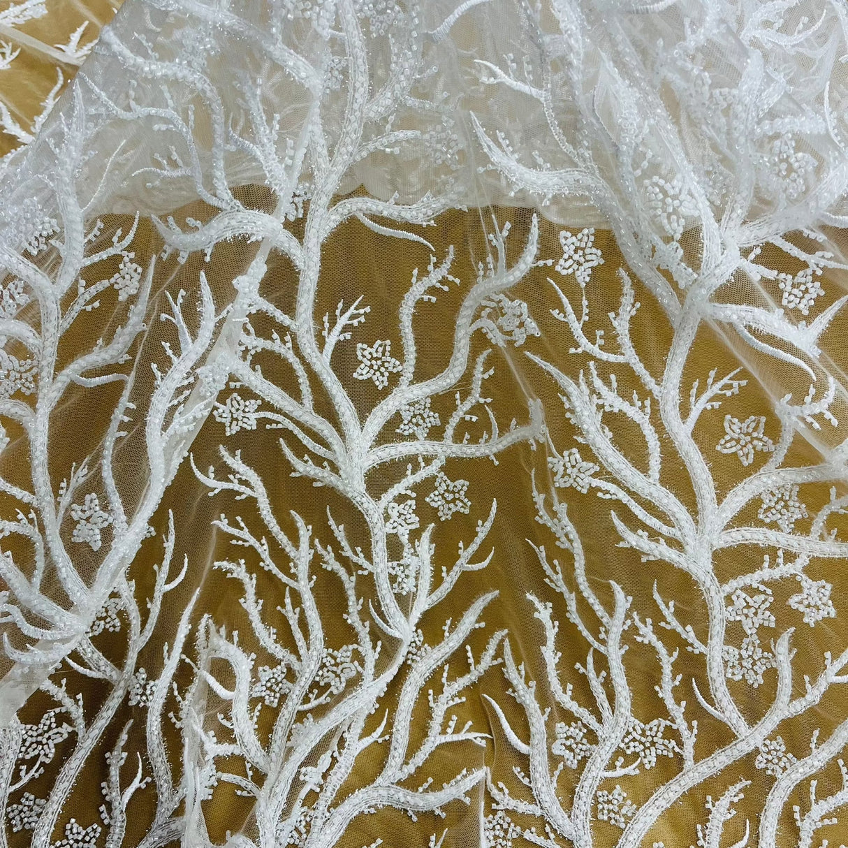 Beaded Lace Fabric Embroidered With Fuzzy Thread On 100 Percent Polyester Net Mesh - Ivory, Silver, White, Gold, 54" Wide (1 Yard)