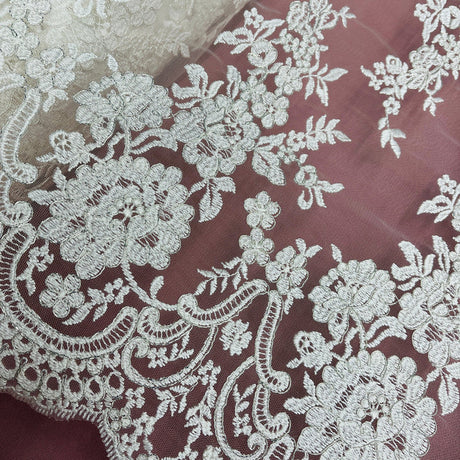 1 Yard Corded Bridal Lace Fabric with Elegant Floral Embroidery White
