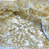 1 Yard Beaded & Corded Bridal Lace Fabric Embroidered on 100% Polyester Net Mesh