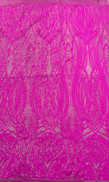 Feather Damask Shiny Sequin Design 4 Way Stretch Mesh Fabric - Iridescent Sequin Embroidered Mesh, 48-50" Width, 36" Length (1 Yard)
