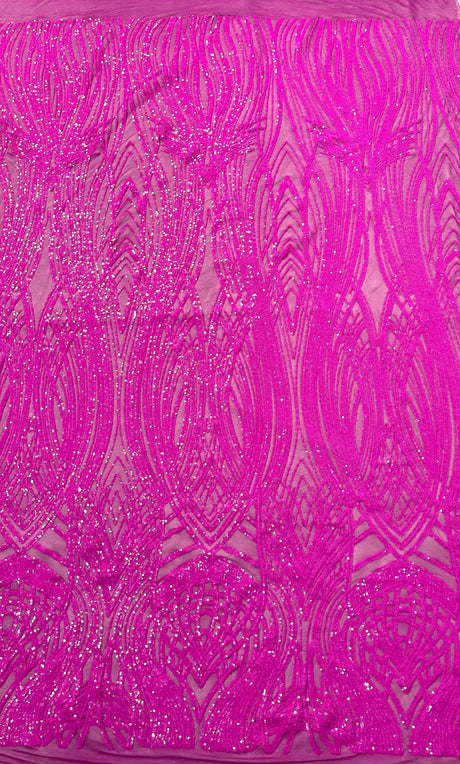 Feather Damask Shiny Sequin Design 4 Way Stretch Mesh Fabric - Iridescent Sequin Embroidered Mesh, 48-50" Width, 36" Length (1 Yard)