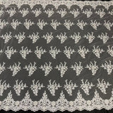 1 Yard Beaded and Corded Bridal Lace Fabric Embroidered on 100% Polyester Net Mesh White