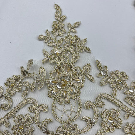Beaded Corded Floral Lace Trimming Polyester Fabric - Floral Embroidered Net Mesh, 6" Width (1 Yard)