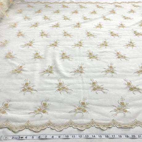 1 Yard - Beaded Lace Fabric Embroidered on 100% Polyester Net Mesh - Ivory - 52" Wide