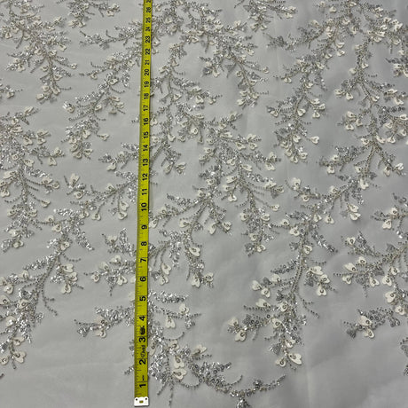 Beaded 3D Floral Lace Fabric Ivory Silver