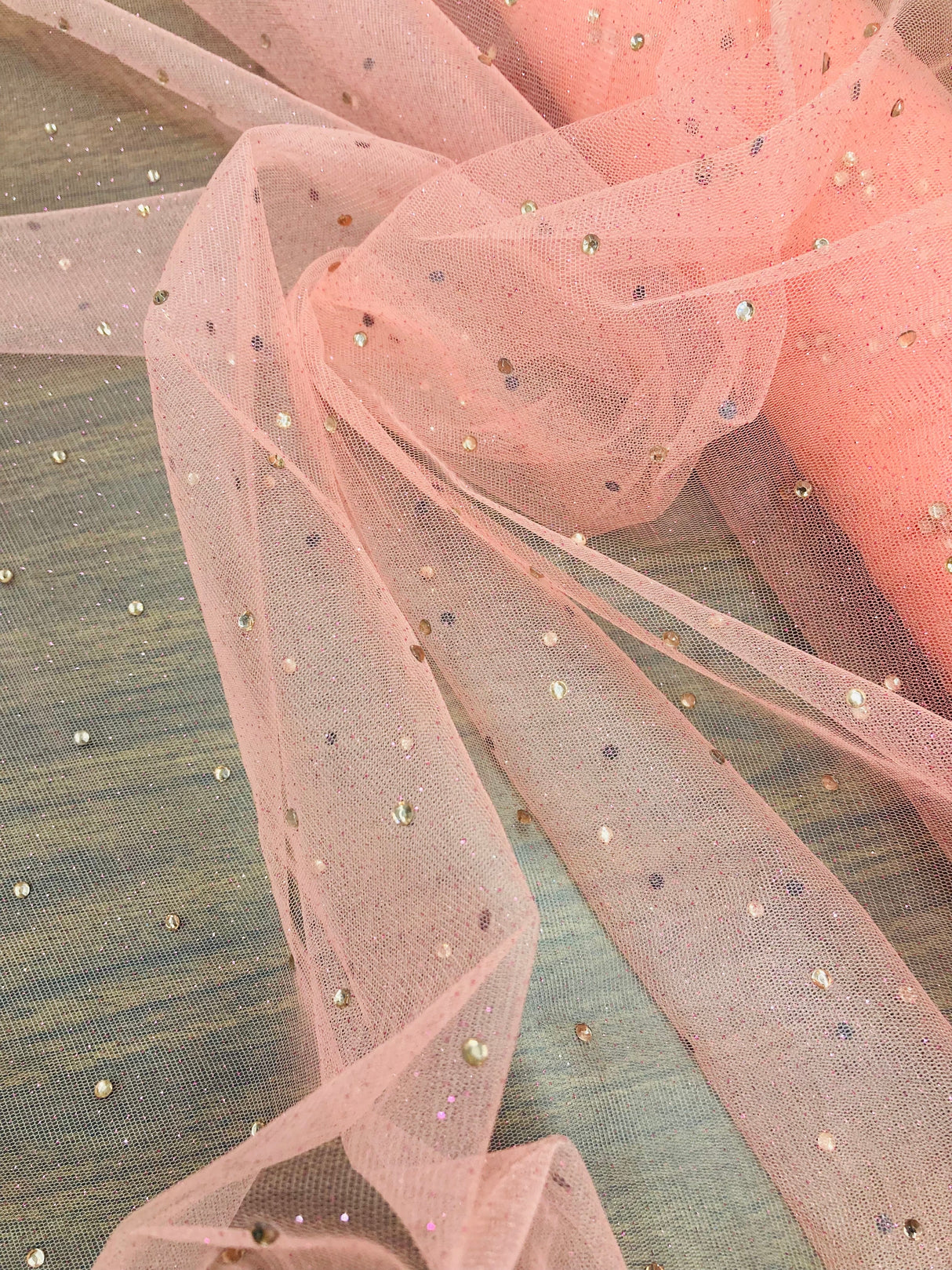 Glitter Mesh Fabric with Scattered Rhinestones