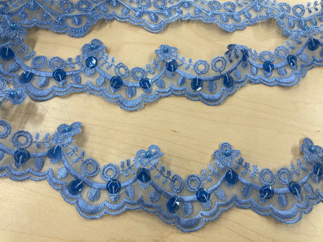 Beaded Lace Trimming Embroidered On 100 Percent Polyester Organza Fabric - Assorted Colors, 2.25" Width (1 Yard)