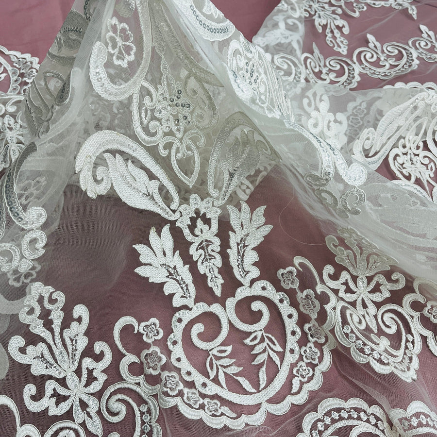 1 Yard Ivory with Silver Beaded and Corded Bridal Lace Fabric on Polyester Net Mesh 51 Inch Width