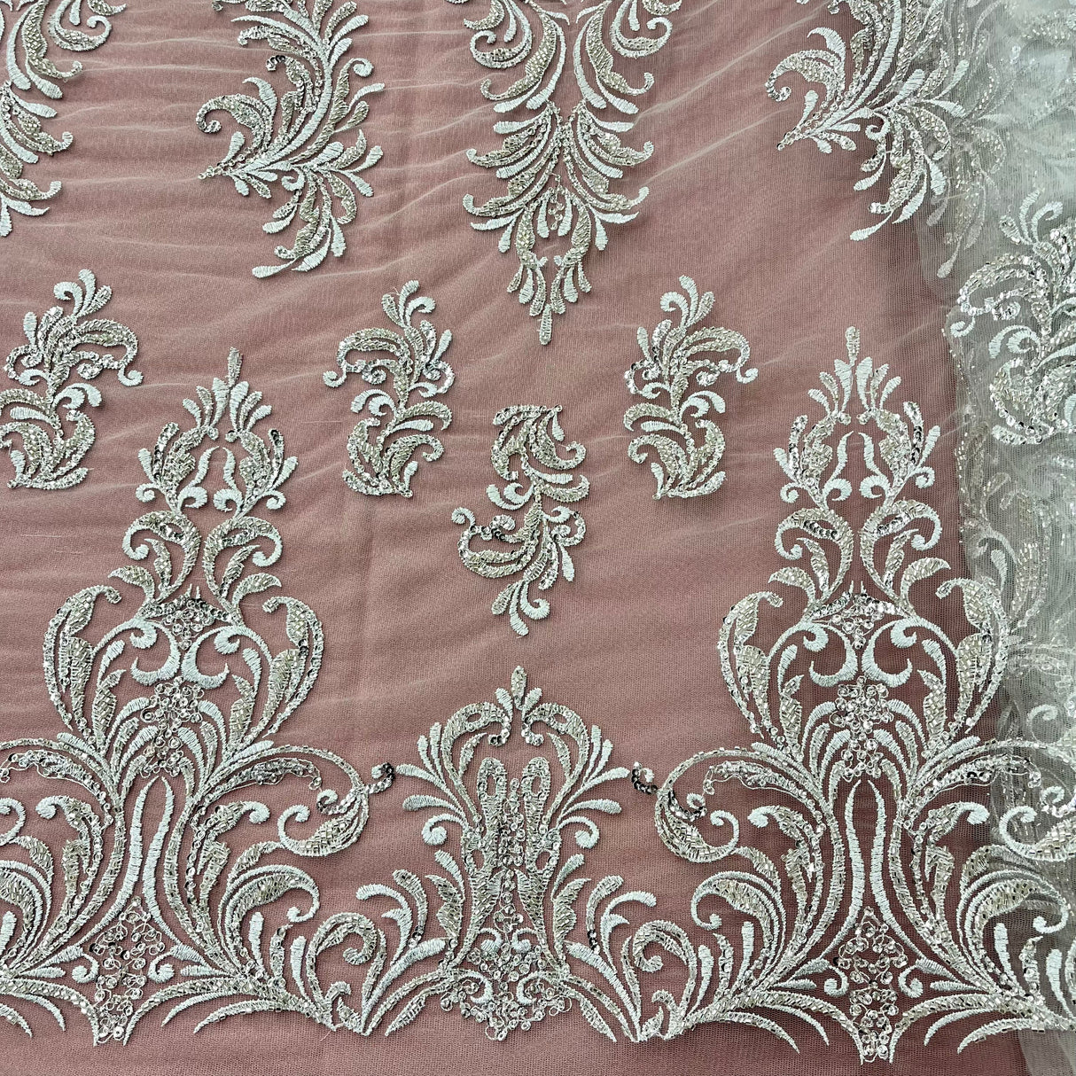 Beaded Lace Fabric on Polyester Net Mesh