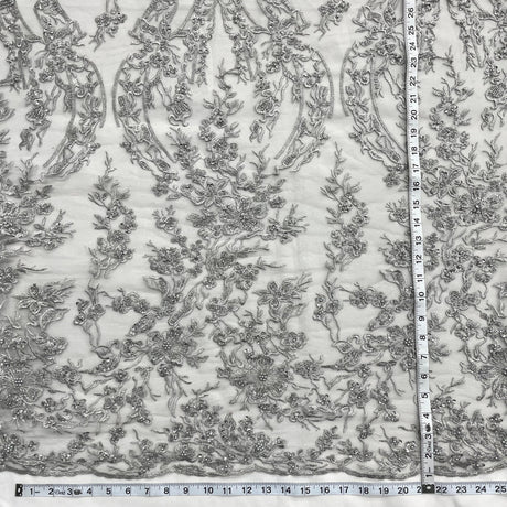 Beaded Lace Fabric Embroidered On 100 Percent Polyester Net Mesh - Silver, Champagne, 54" Width (1 Yard)